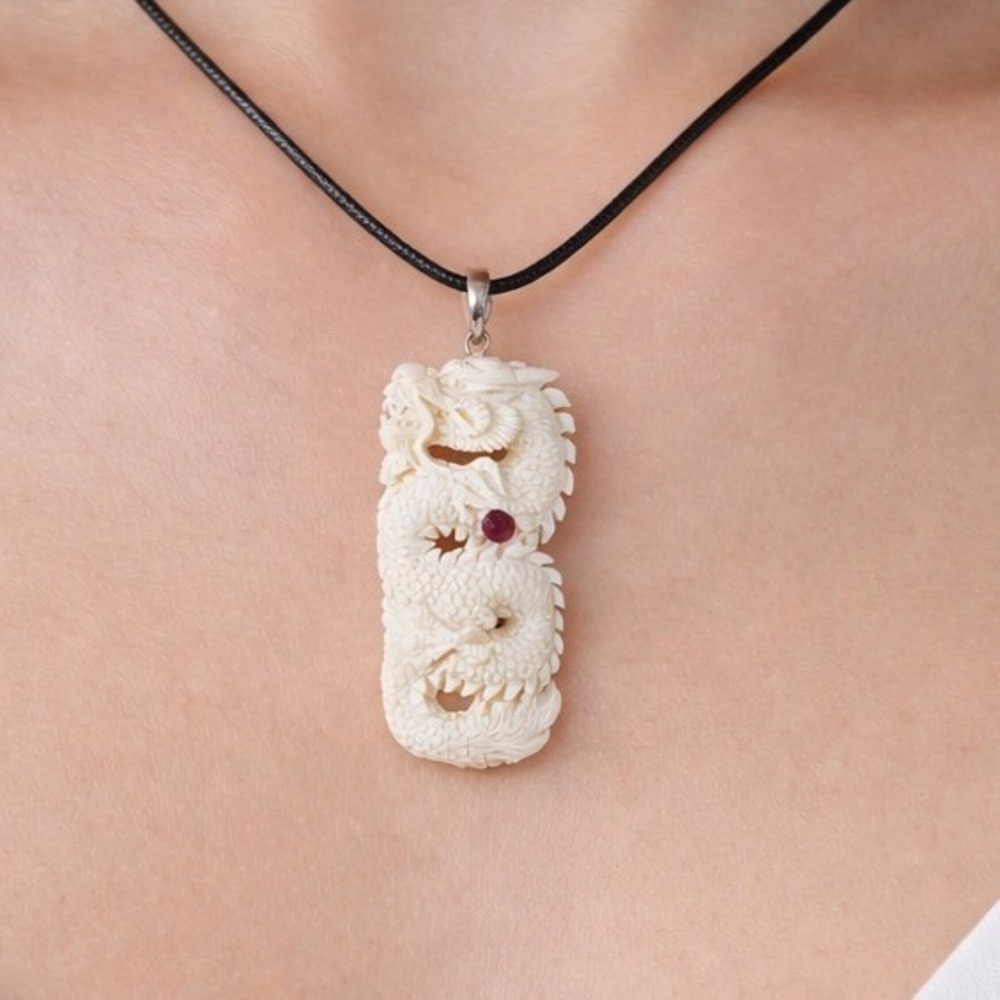 Vintage Carved Dragon Pendant Openwork Design Pink Stone Cord